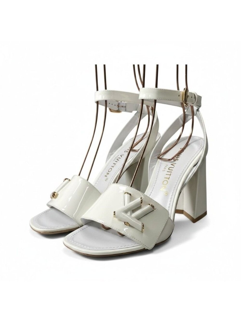 Louis Vuitton LV Shake Line Ankle Strap Sandals White Patent Calfskin Heel